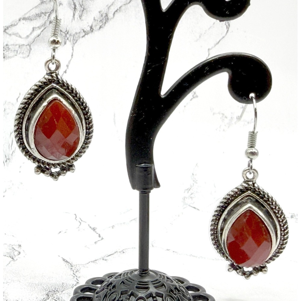 Silver Red Teardrop Dangle Earrings Boho Western Statement